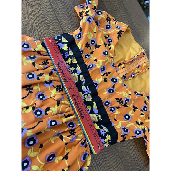 Vintage Roger Milot For Fred Perlberg Retro Dress Orange Purple Black Floral S/M - Picture 12 of 16